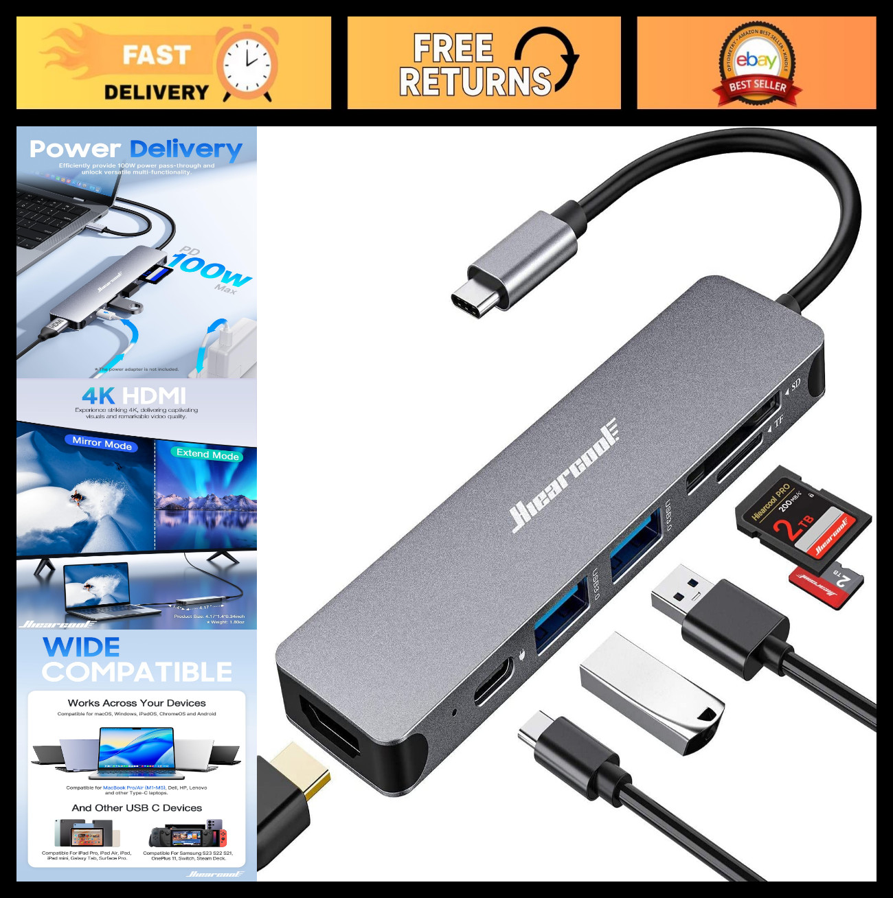 7-in-1 USB C Hub Dongle for MacBook, Multiport Adapter, Space Gray, High-Speed D