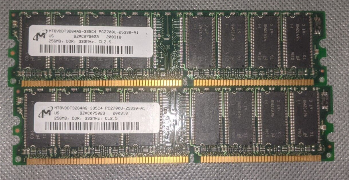 2 X 256MB MICRON DDR400 PC2700U NON-ECC MEMORY MT8VDDT3264AG-335C4 - 512MB TOTAL