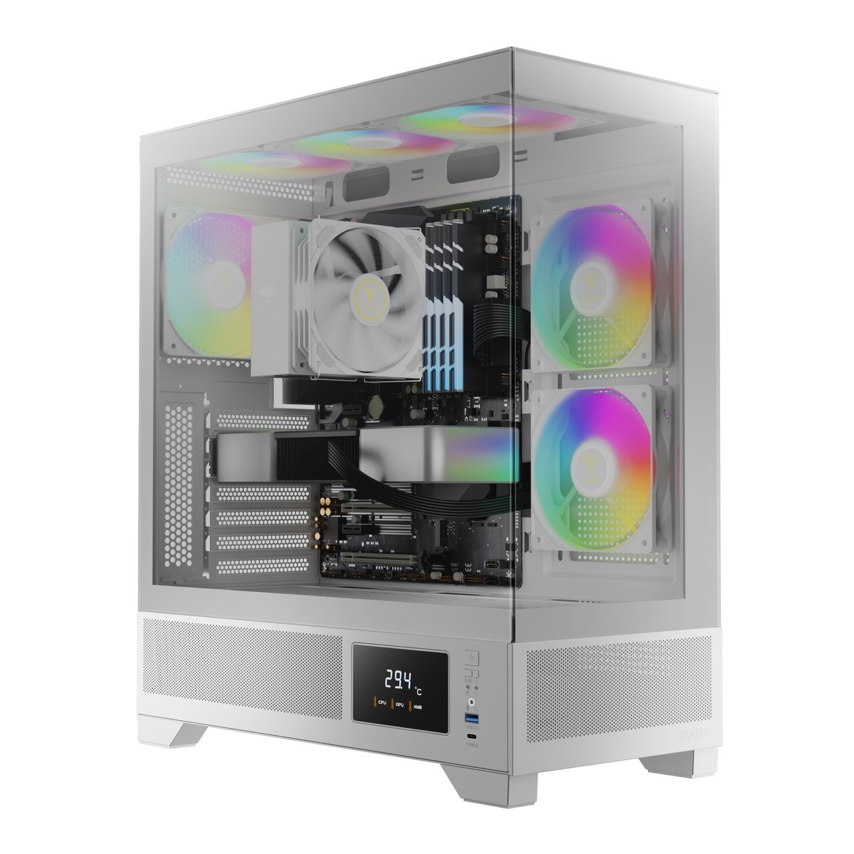 GAMDIAS ATLAS M1 WHITE CASE Mid-Tower ARGB PWM Fans SPCC & ABS & Tempered glass