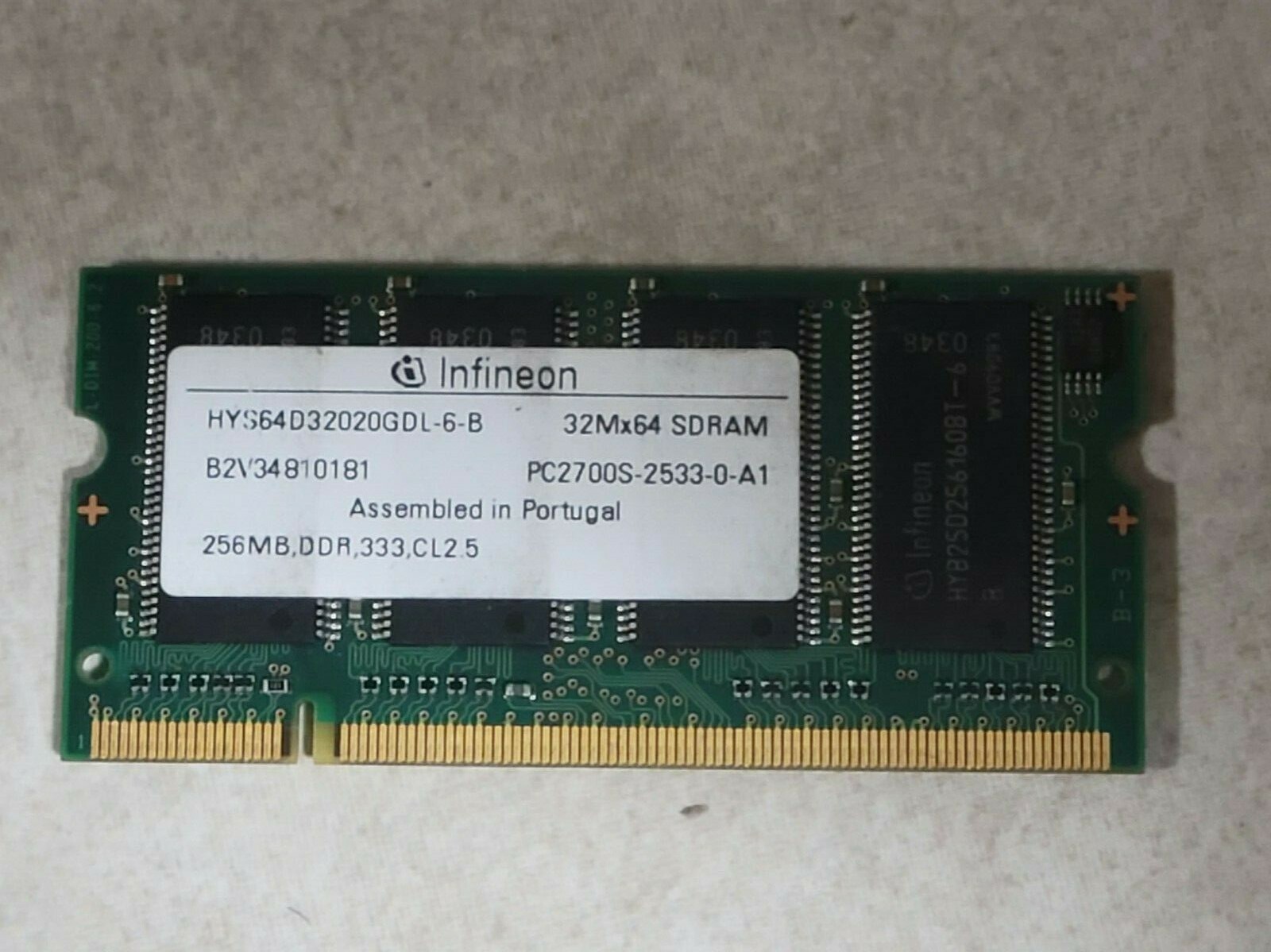 GENUINE INFINEON LAPTOP MEMORY RAM STICK 256MB DDR 333 CL 2.5 HYS64D32020GDL-6-B