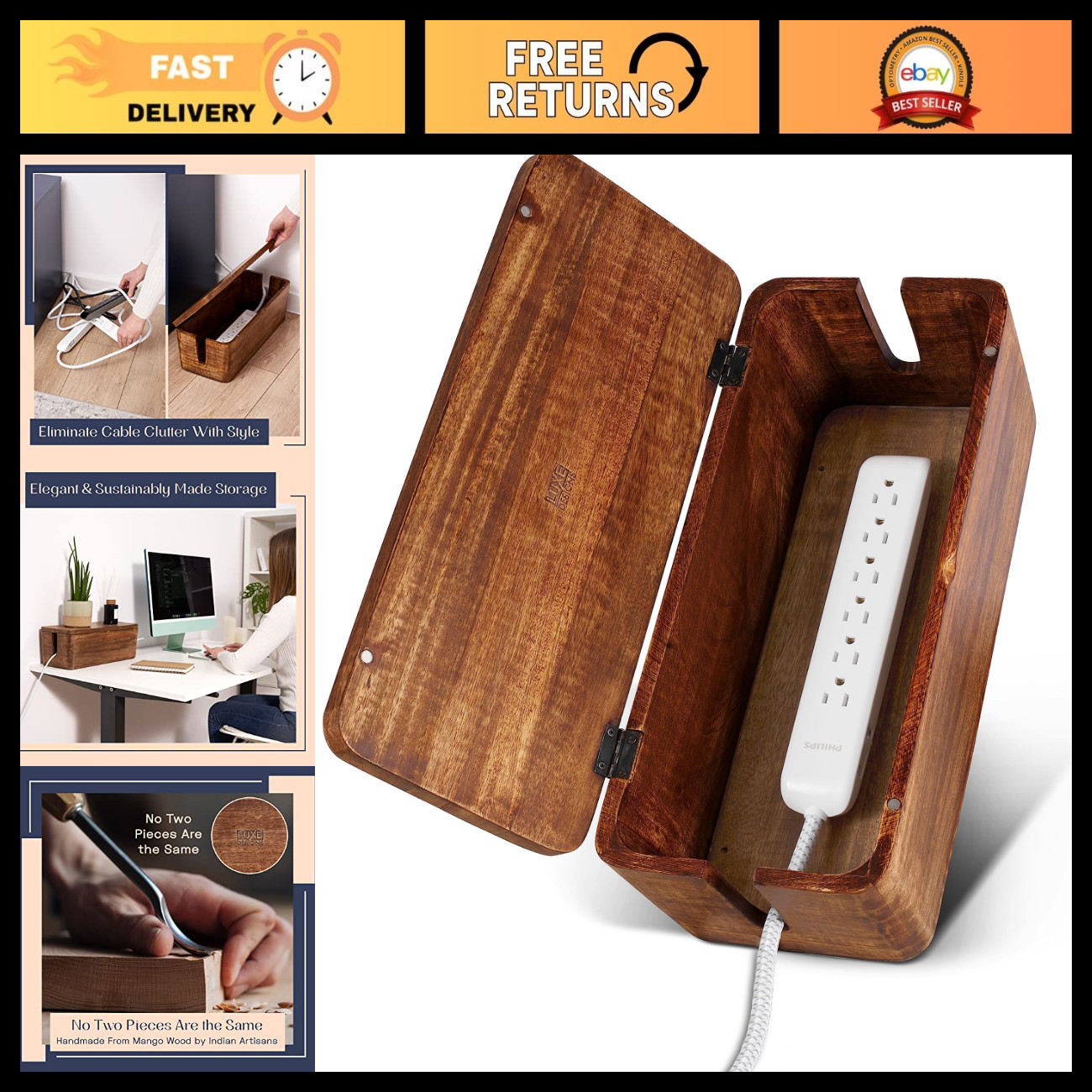 Large Cable Management Box - Wood Wire Organizer & Power Strip Cord Hider, Tidy