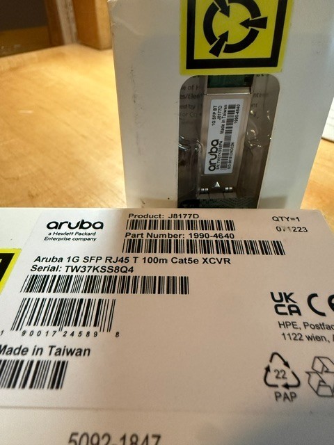 HPE Aruba 1G SFP RJ45 T 100m Cat5e Transceiver