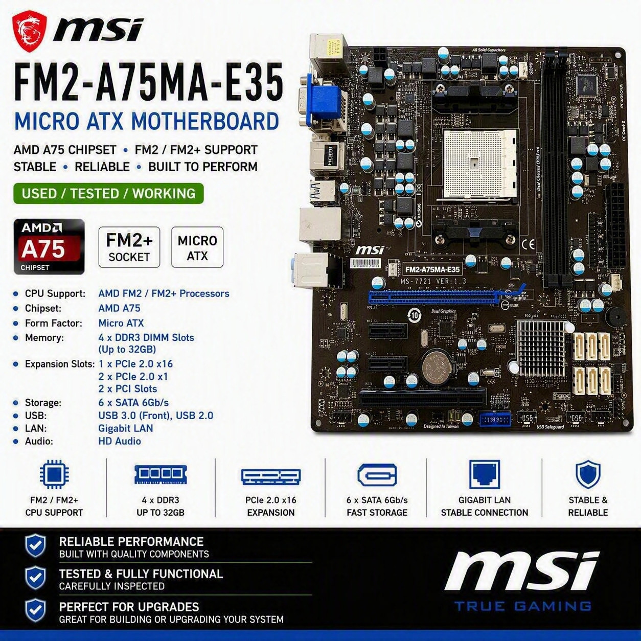 MSI FM2-A75MA-E35 AMD Motherboard Socket FM2 Micro ATX mATX Tested Working