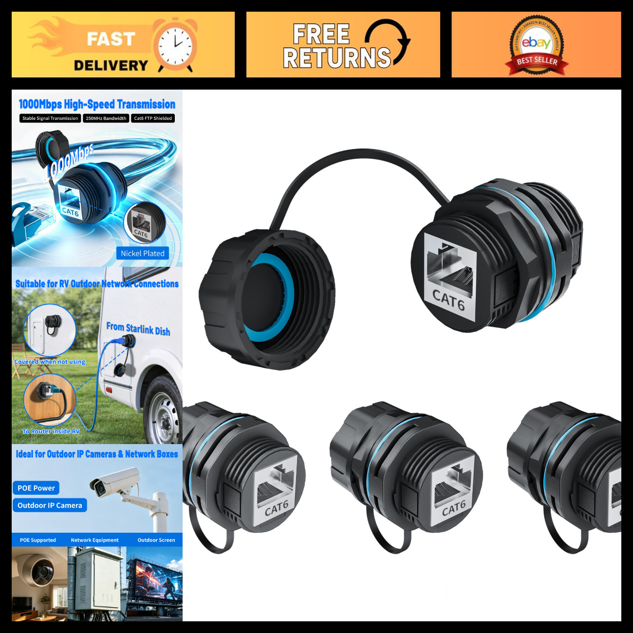 IP68 Waterproof Ethernet Coupler 4 Pack, Shielded RJ45 Female to Female Connecto