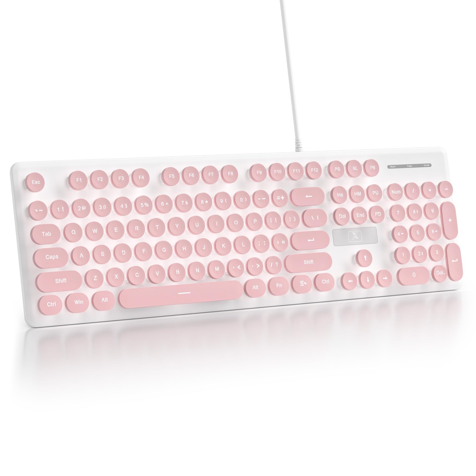 Cute Quiet Wired Typewriter Keyboard Retro Round Keys Full Size 104 Keys Pink
