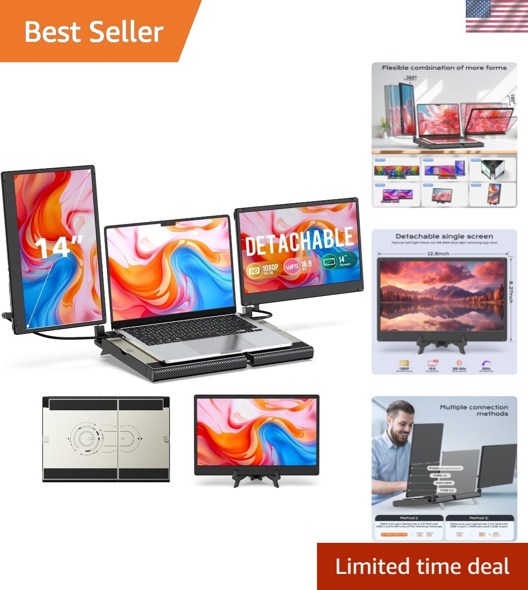 Laptop Screen Extender, 14" FHD 1080P Laptop Monitor Extender, Stretchable Ba...
