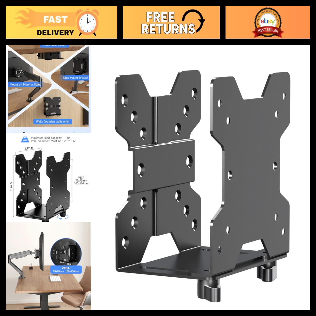 Adjustable Thin Client Mount Bracket for Mini PC, VESA CPU Holder Under Desk, Bl