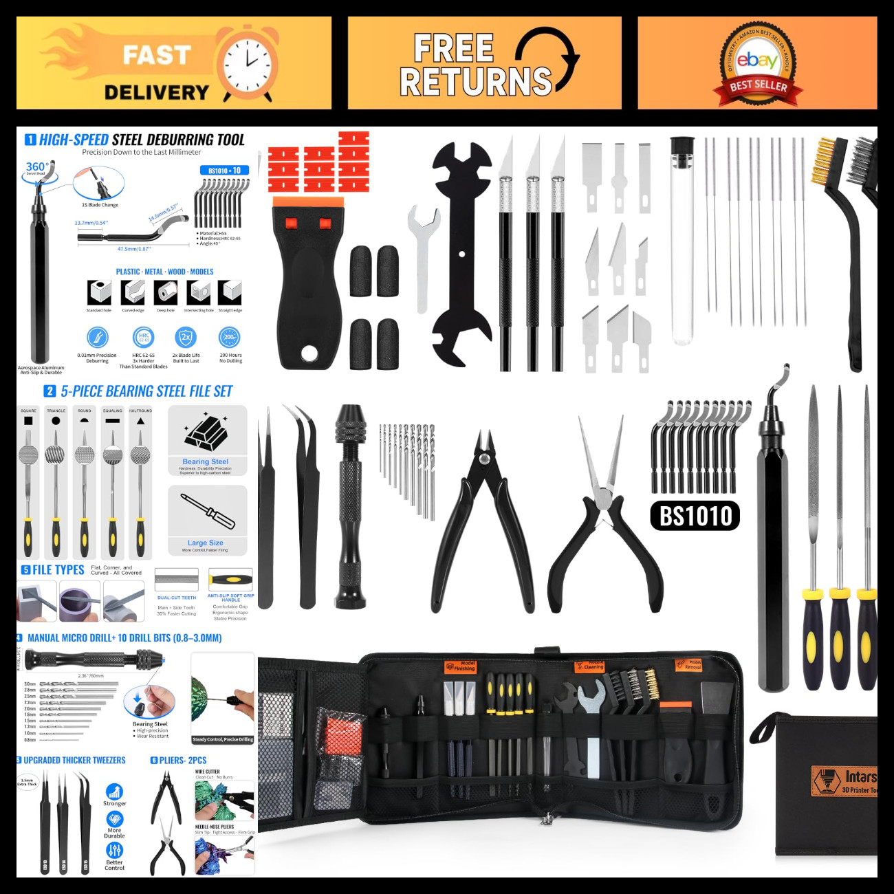 68Pcs 3D Printer Tool Kit with Case - Deburring Tools, Scrapers, Files, Tweezers