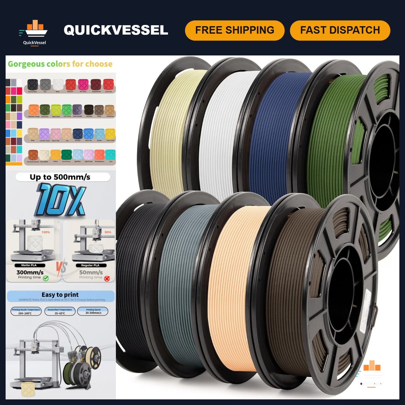 8 Colors Matte PLA Filament Bundle 250g Each, 30-300mm/s, 3D Printing Supplies