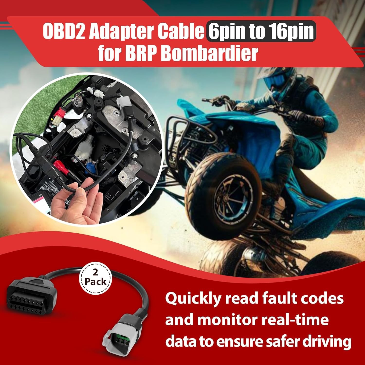 2 Pcs OBD2 Adapter Cable 6Pin to 16Pin for BRP, Compatible with Bombardier Can-A
