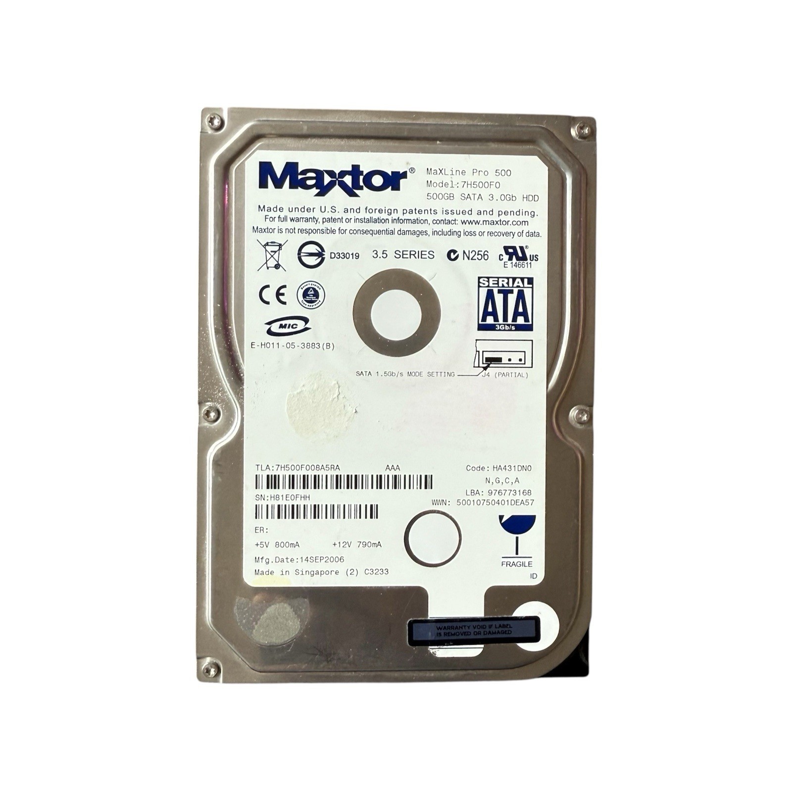 Maxtor MaxLine Pro 7H500F0 500G 7200RPM SATA 3.5" Hard Drive - Tested