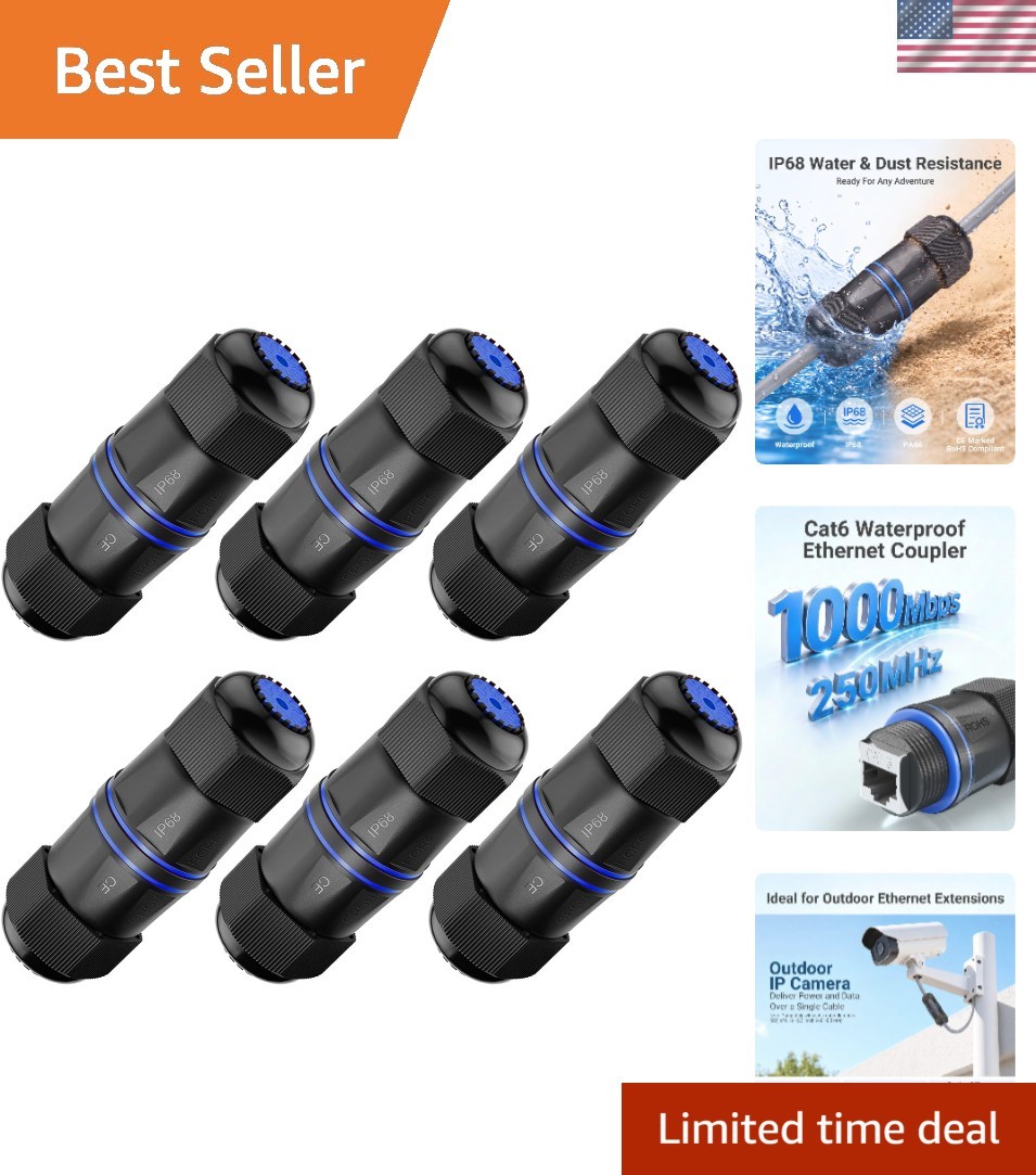 Waterproof RJ45 Coupler  3.23" PoE Support, Blue, 6-Pack