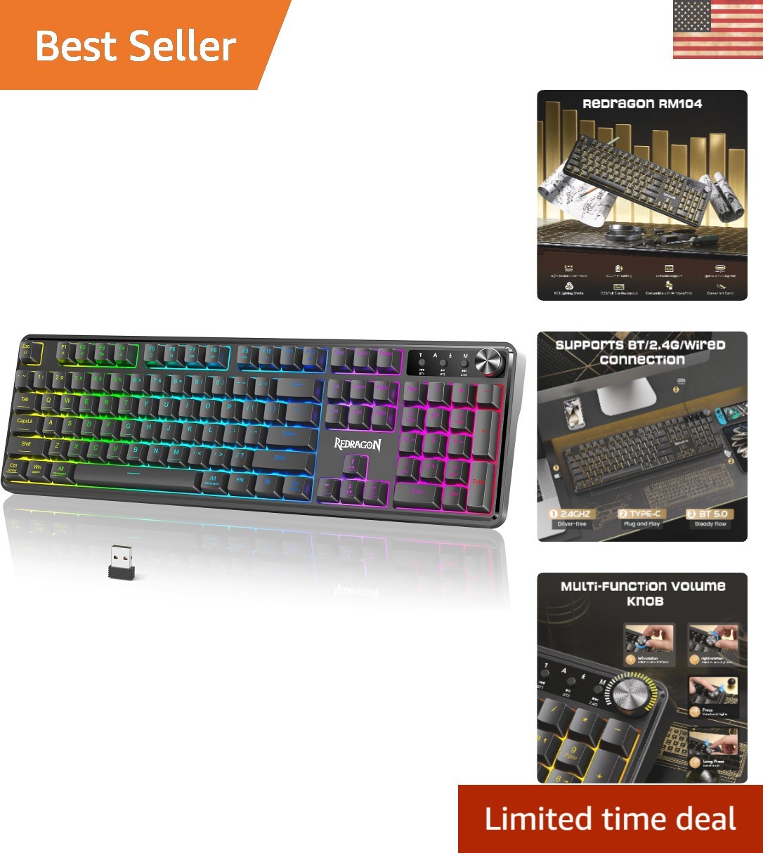Long-lasting RM104 Wireless Gaming Keyboard with Anti-Ghosting & Knob Control