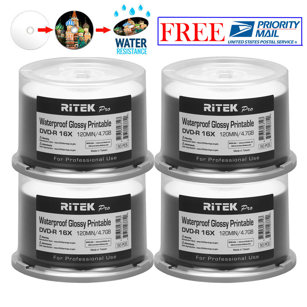 200 Ritek Pro DVD-R 16X 4.7GB Water Resistant Glossy White Inkjet Printable Disc