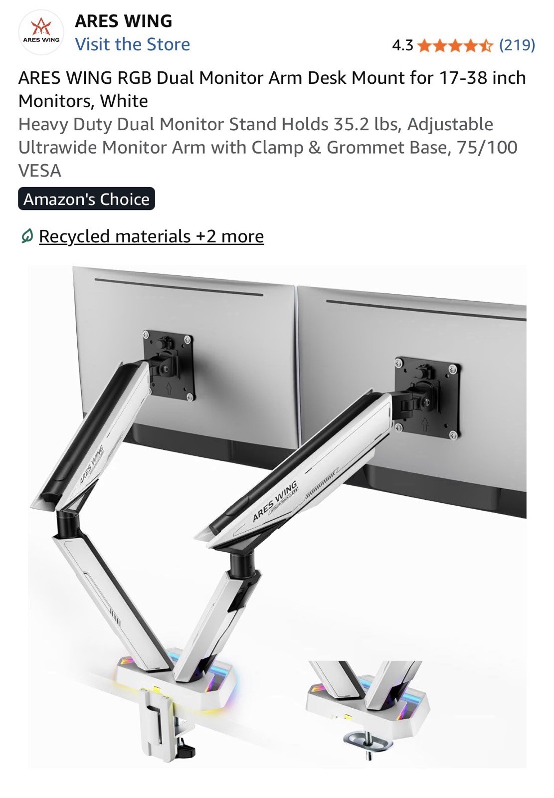 ARES WING RGB Dual Monitor Arm Desk Mount for 17-38 inch Monitors, Gray