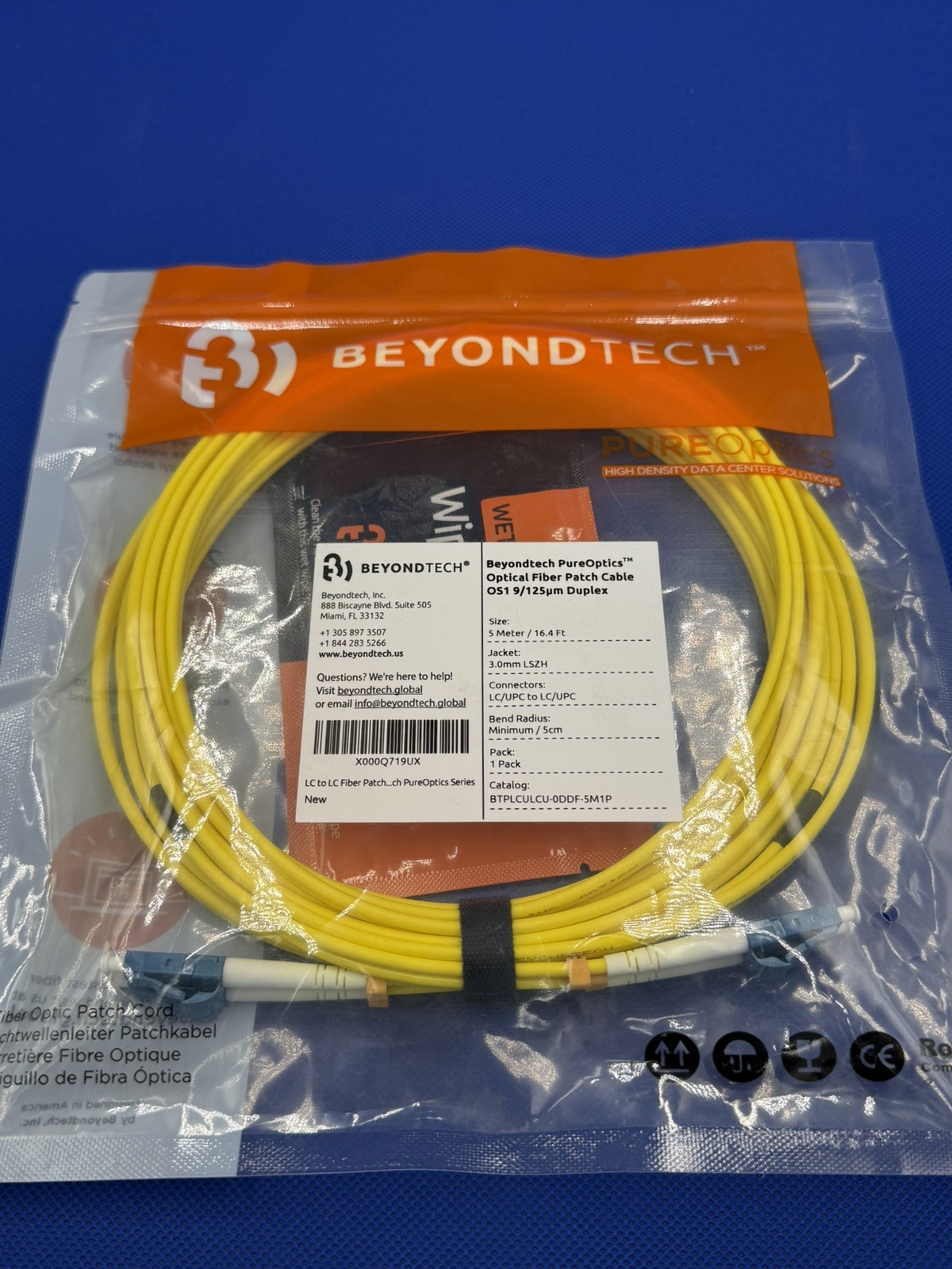 Beyondtech Pureoptics Optical Fiber Patch Cable OS1 9/125um Duplex 5M
