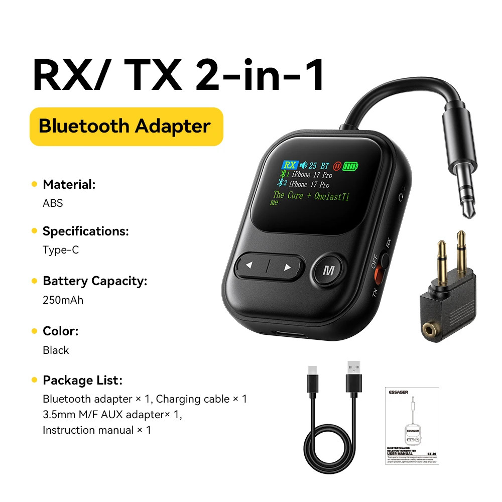 Essager 2-in-1 Bluetooth 6.0 Audio Receiver/Transmitter 3.5mm Jack LCD Display