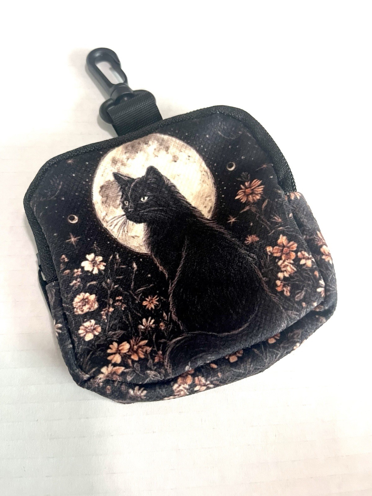BLACK CAT MOON ACCESSORY POUCH W CARIBINER CLIP Halloween witchy tech travel