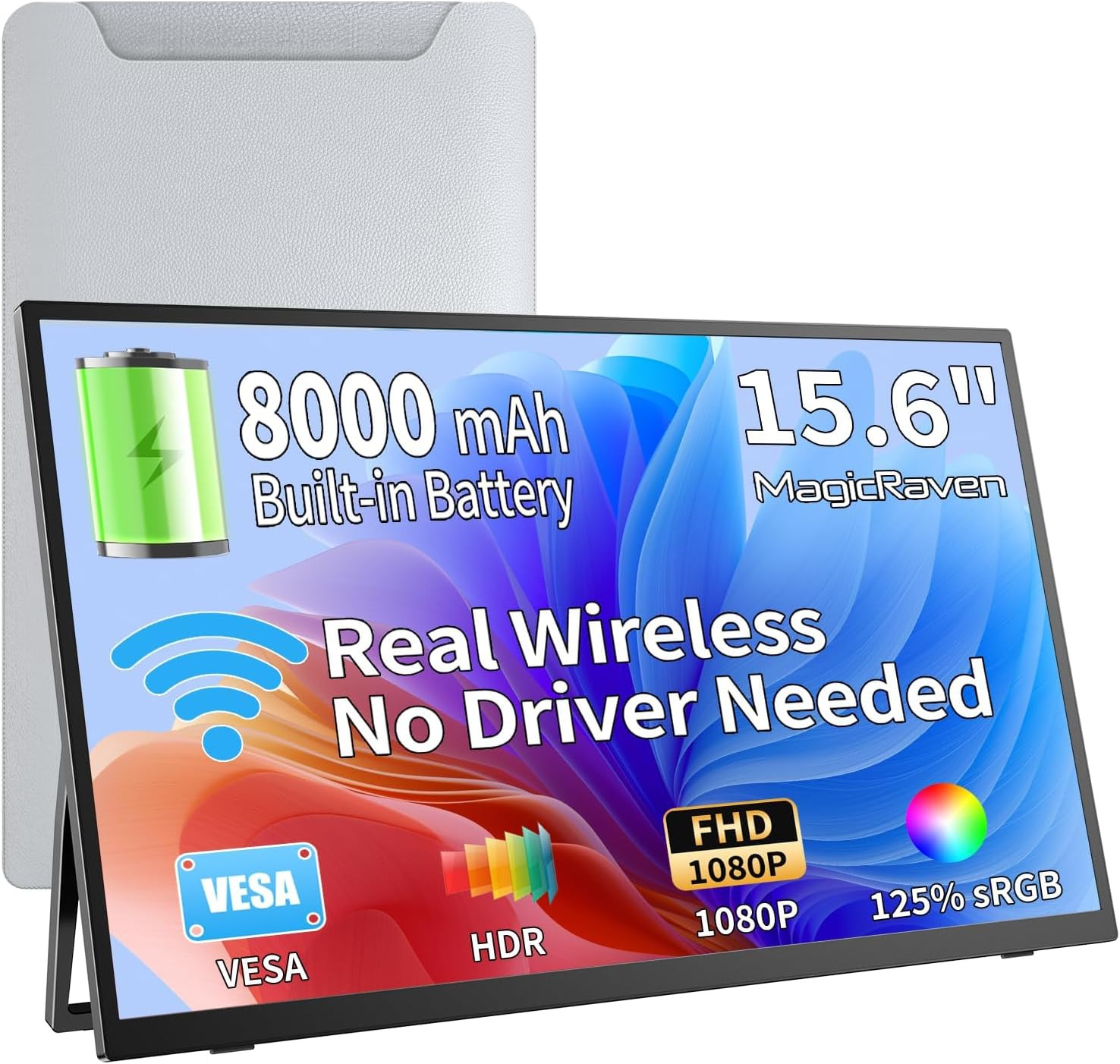 Wireless Portable Monitor with 8000mAh Battery- 15.6" 1080P IPS Second Screen fo