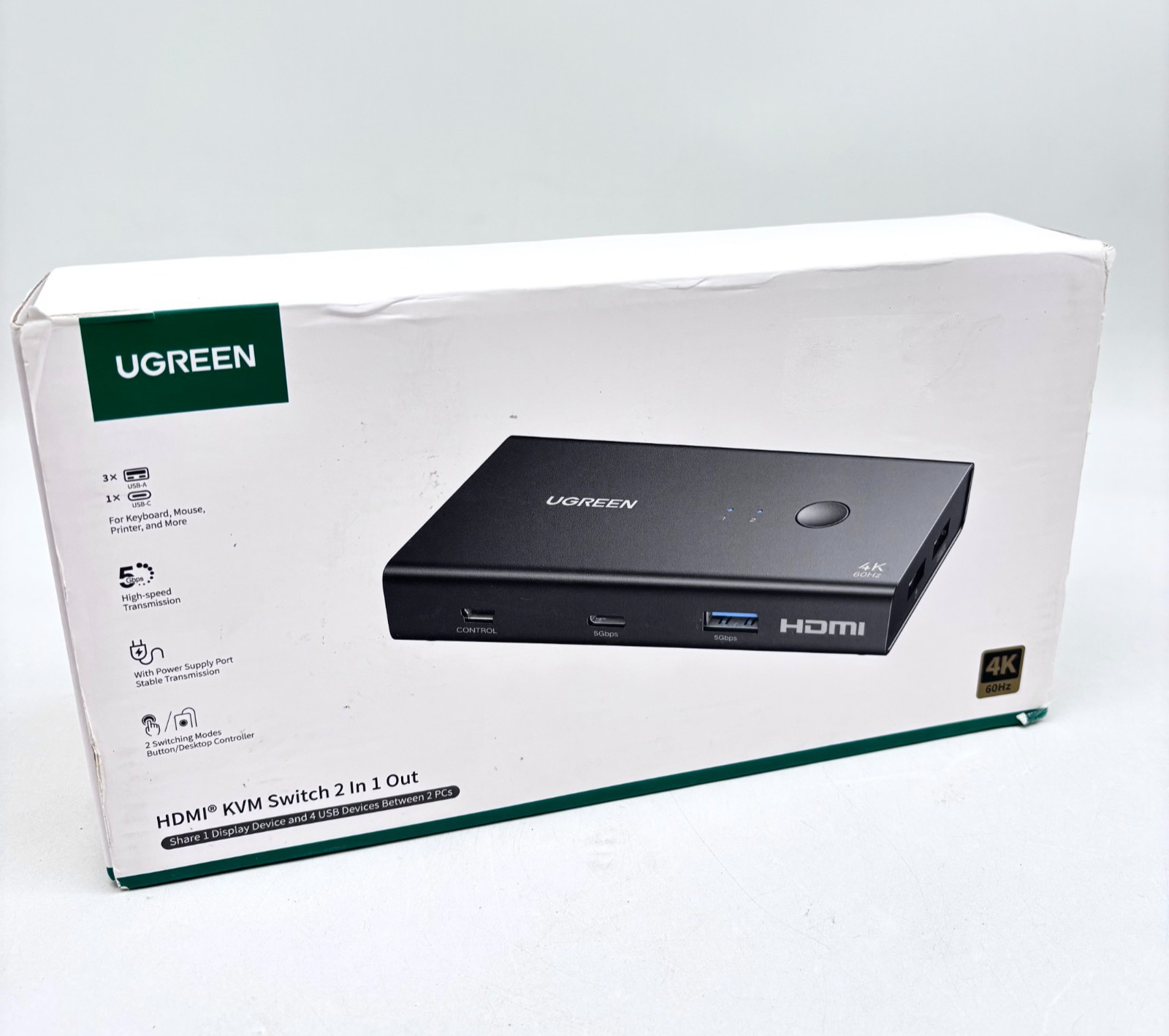 UGREEN HDMI KVM Switch 2 In 1 Out 4K 60Hz 4 USB 3.0 Ports Dual PC Sharing Hub
