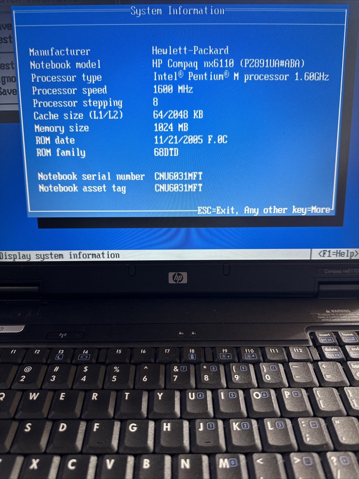 HP Compaq nx6110 15'' Notebook (Intel Celeron M 1.60GHz 512Mb Ram NO HDD