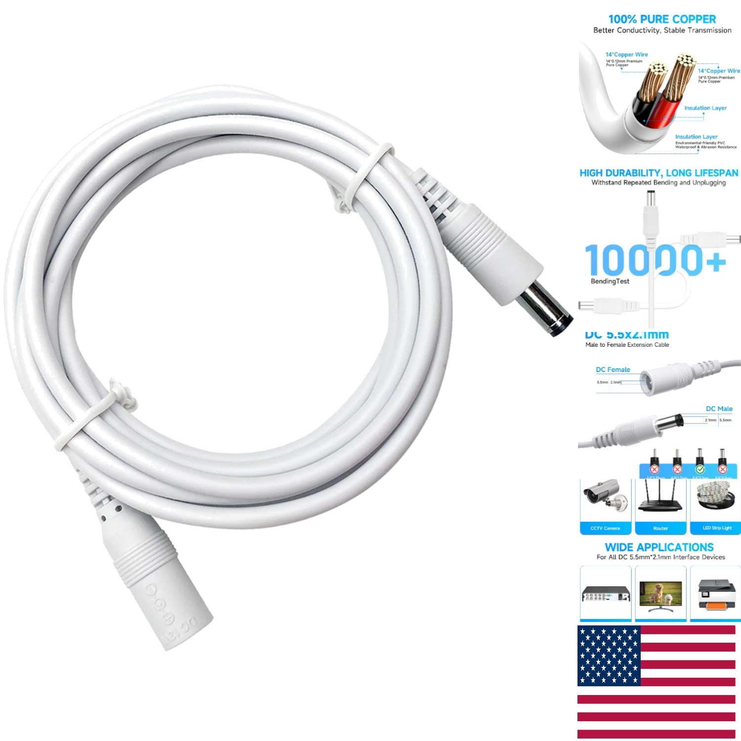 6ft Pure Copper 12V Extension Cable - Safe Power for Security Cameras & More