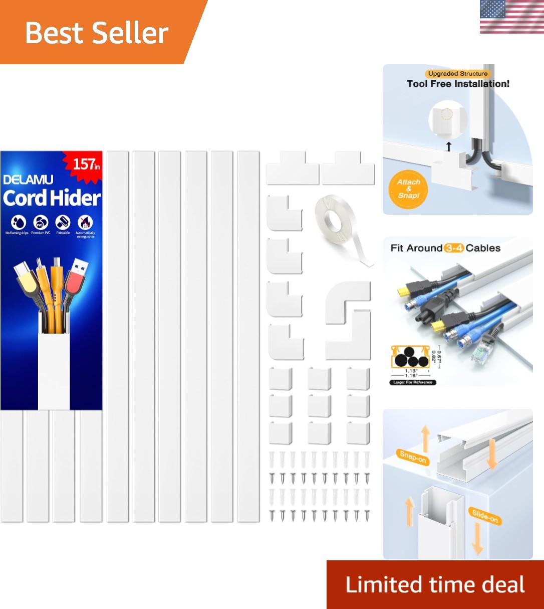 157in PVC Cord Covers - Easy Install Cable Hider for Classy Spaces