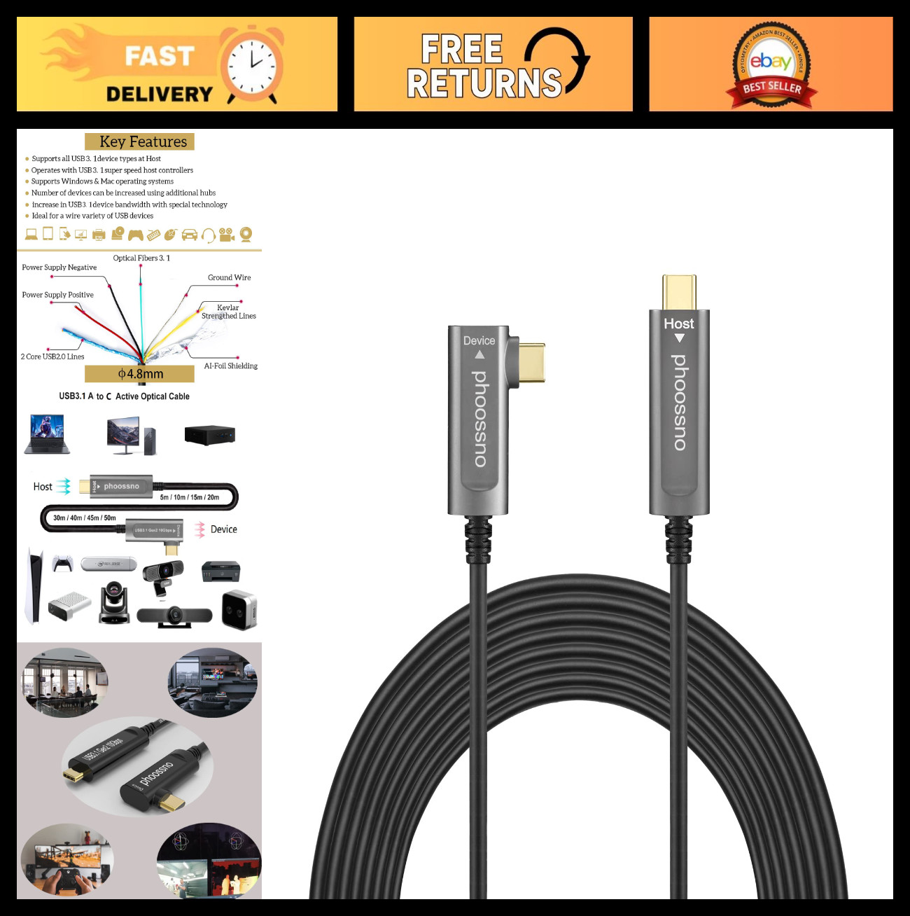 USB C to C Fiber Optical Cable 10Gbps 33FT - Type C Angle Cable for Cameras & To