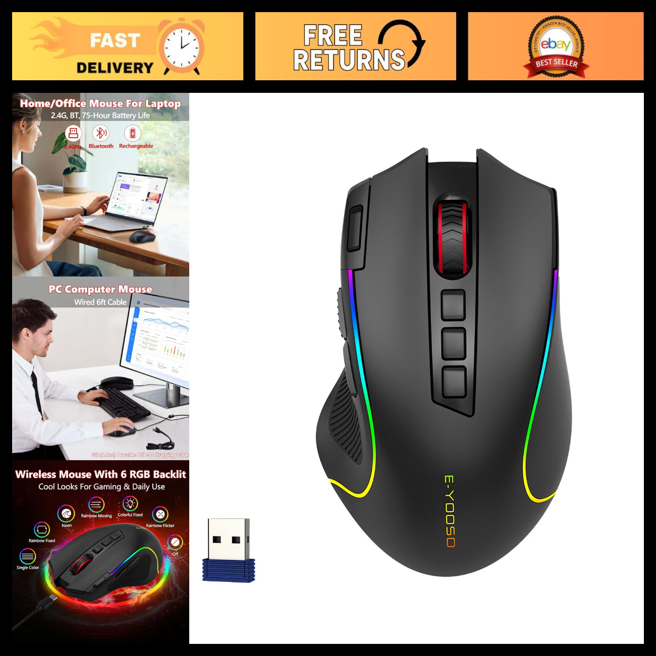 Wireless Bluetooth Mouse, 8000 DPI, RGB Backlit, Versatile Design, Ergonomic