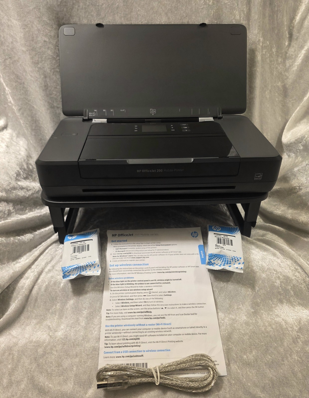 HP OfficeJet 200 Mobile Portable Color Inkjet Printer Wireless USB w/ HP 62 Ink