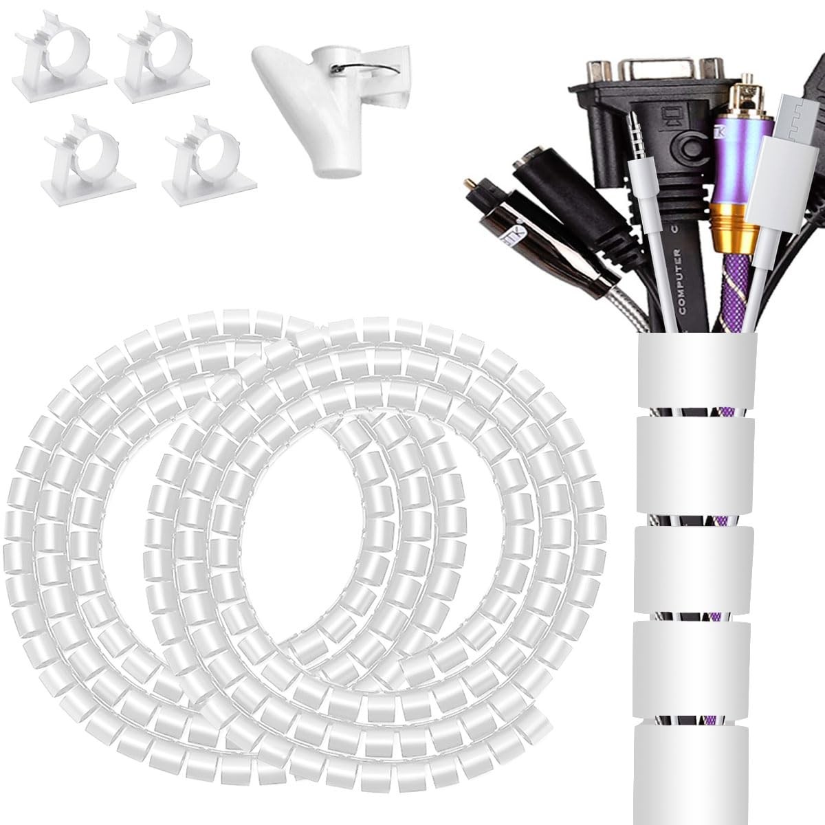 Large Cable Management White Computer Wire Sleeve Organizer Coiled Under Desk...