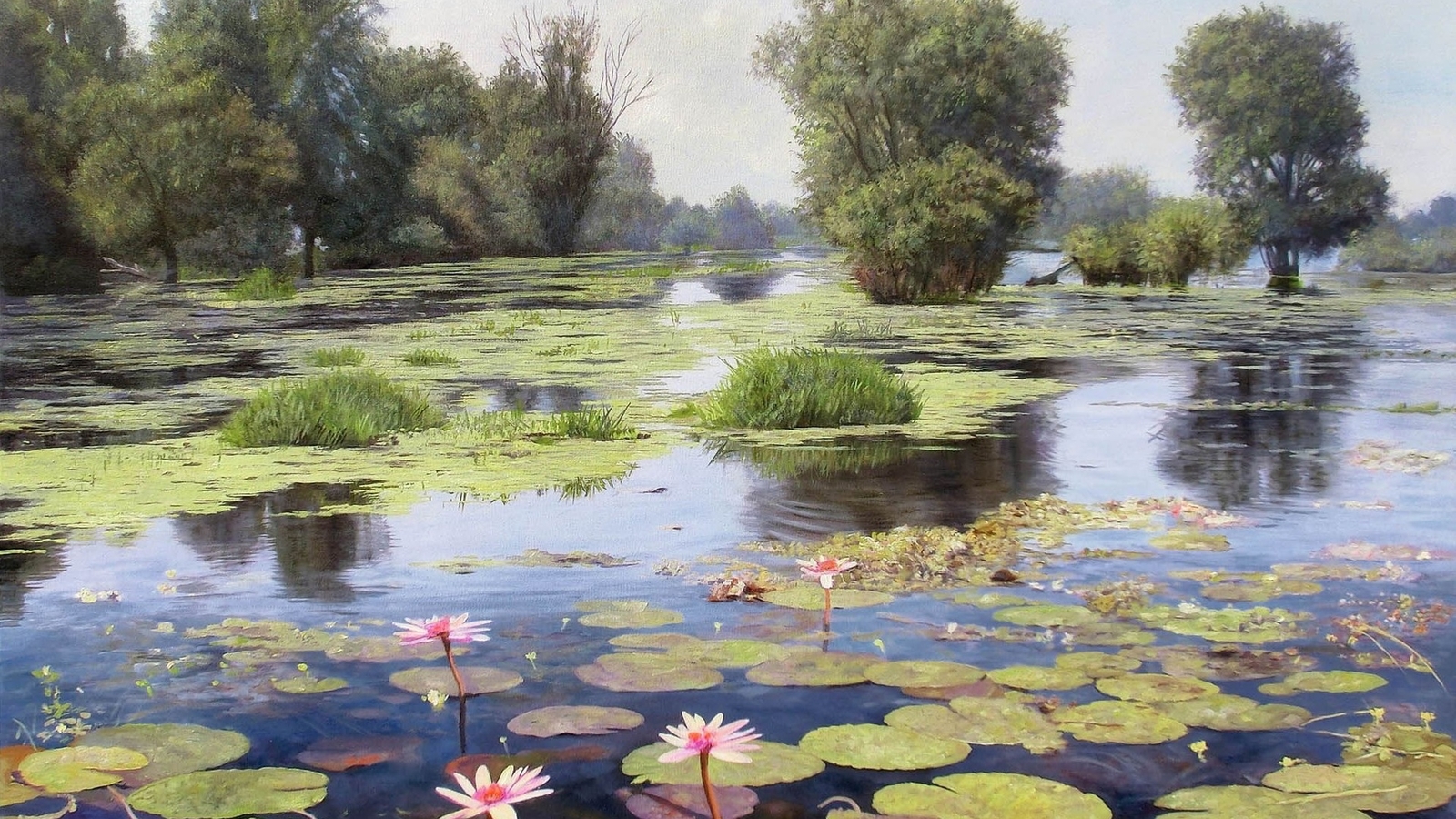 Landscape pond flowers reflection trees summer Custom Gaming Mat Desk