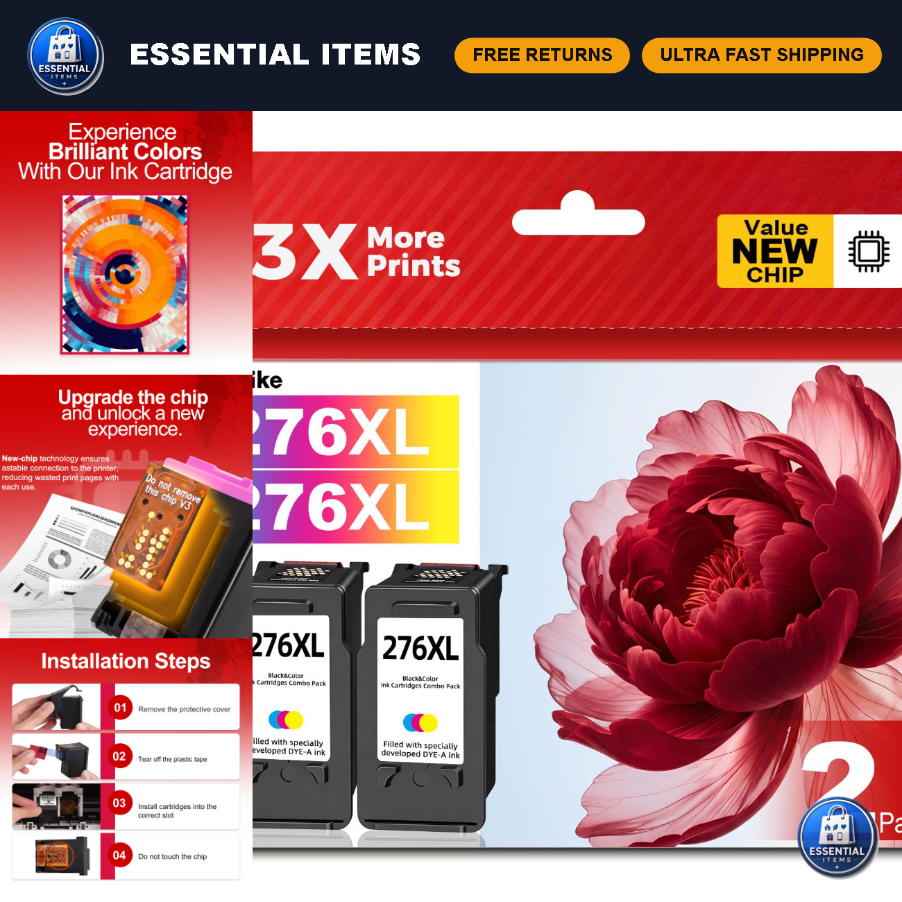 High-Quality 276XL Color Ink Cartridges Replacement, 2 Pack for Canon Printers