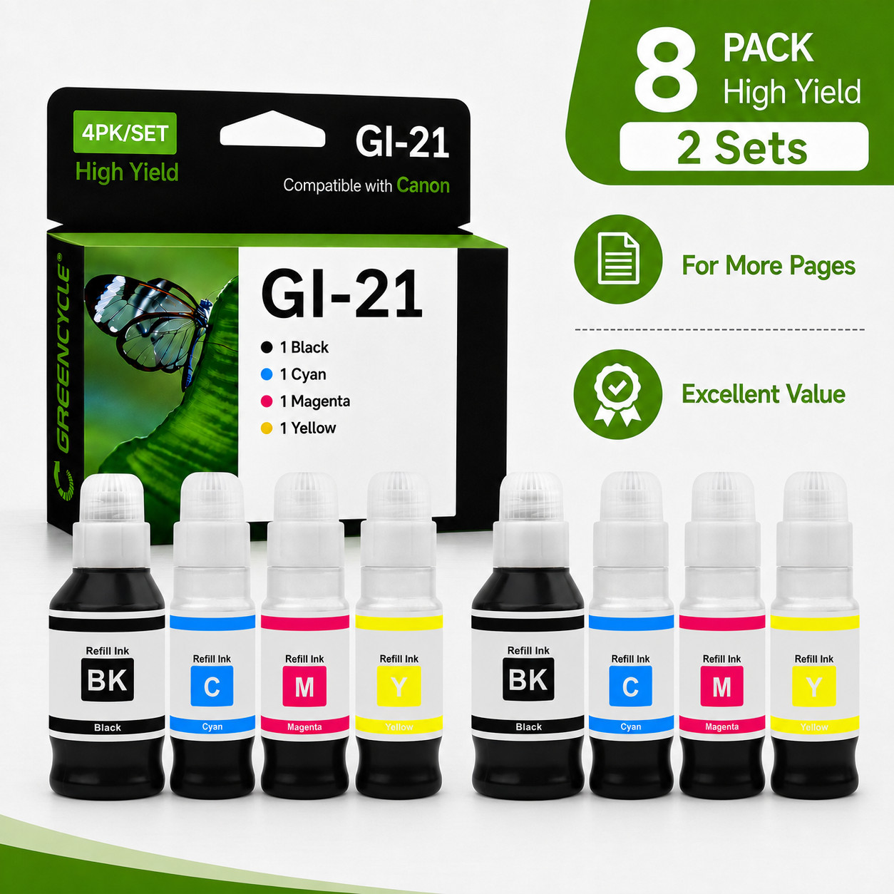 GREENCYCLE 2x4PK GI-21 Ink Bottle Set Compatible with Canon G3260 G3290 G4280