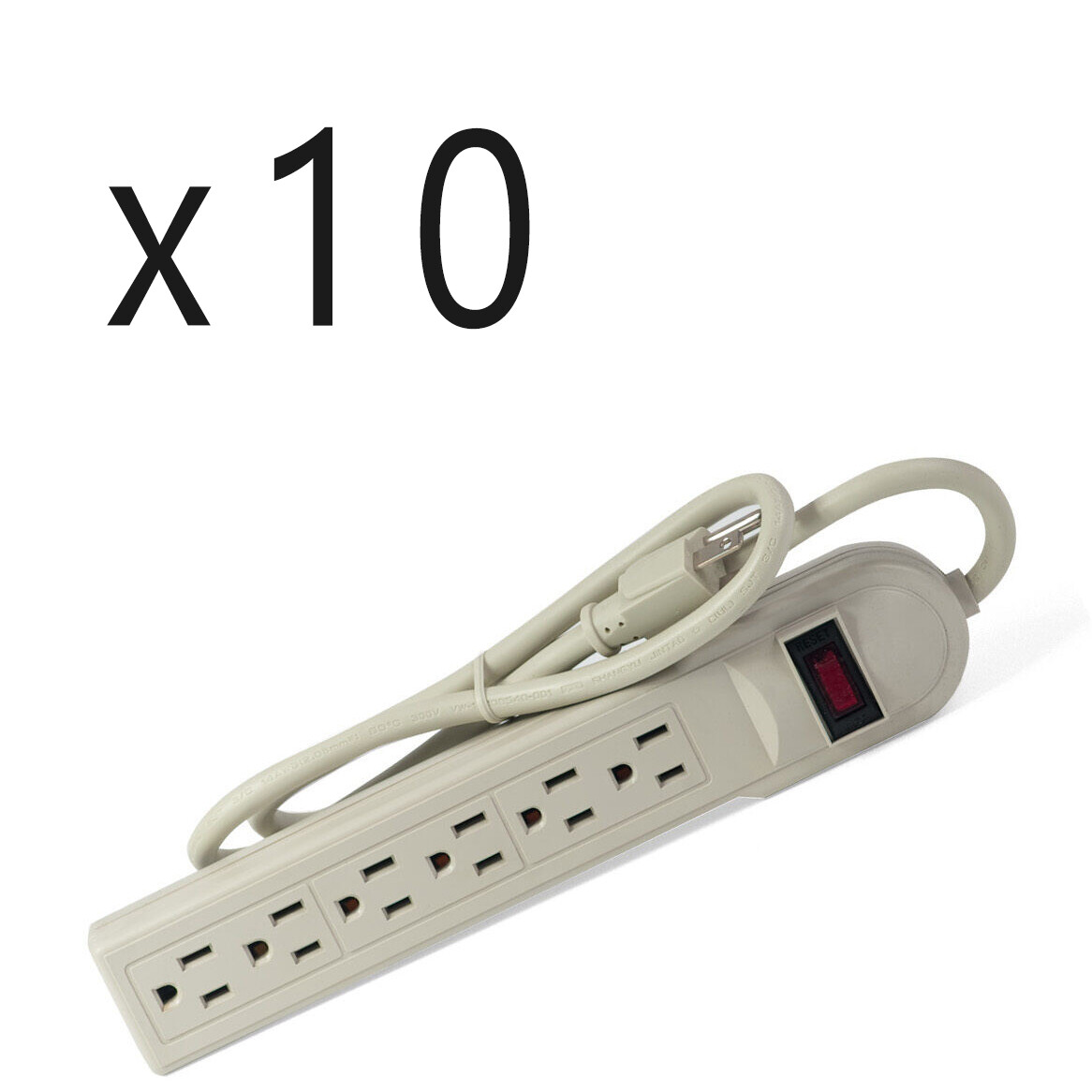 10 Pack Lot - 6 Outlet 3ft Cord Surge Protector Power Tap Strip Circuit Breaker