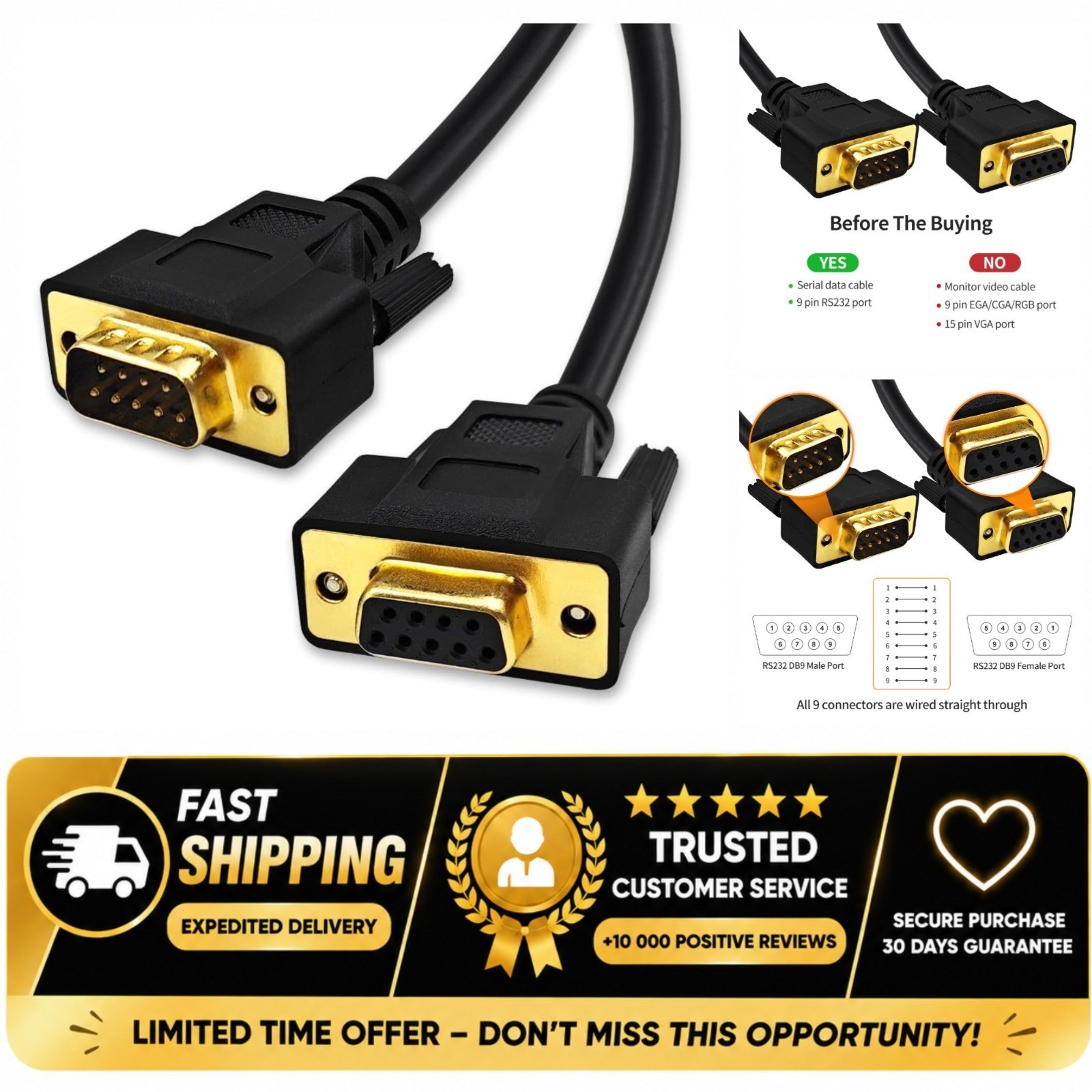 XANHAM DB9 RS232 Serial Extension Cable 3.3ft 1m Female to Male Shielded
