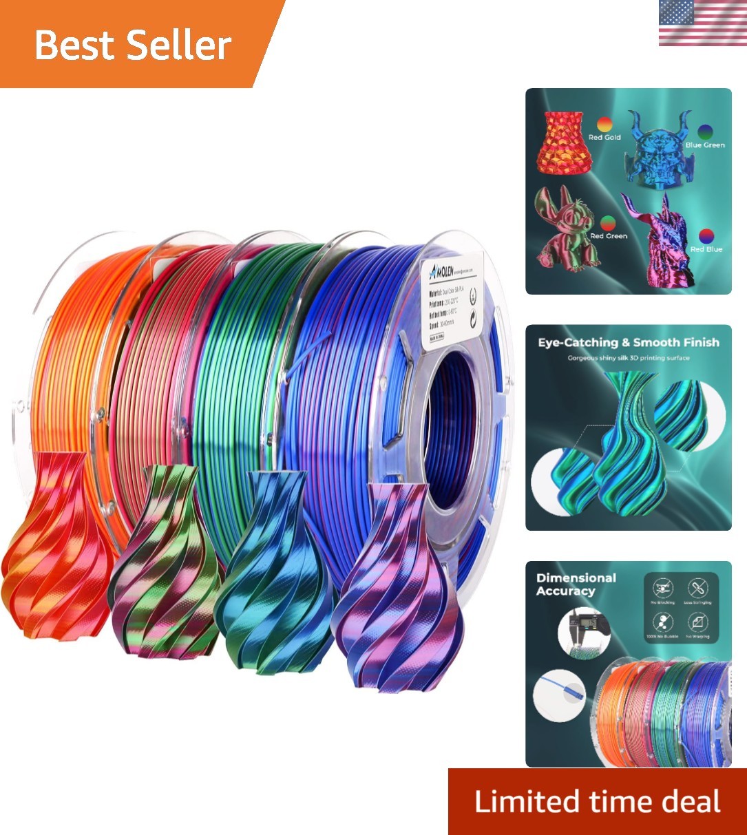 Silk PLA 3D Printer Filament Bundle, Shiny Dual Color Filament 1.75mm Pack, M...