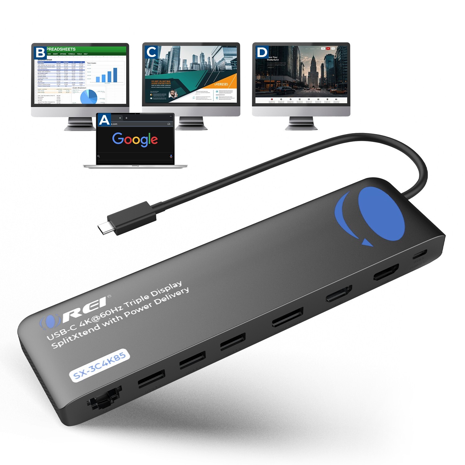 OREI SplitXtend 3-Display USB-C Docking Hub with 85W PD, Ethernet, and 4K Output