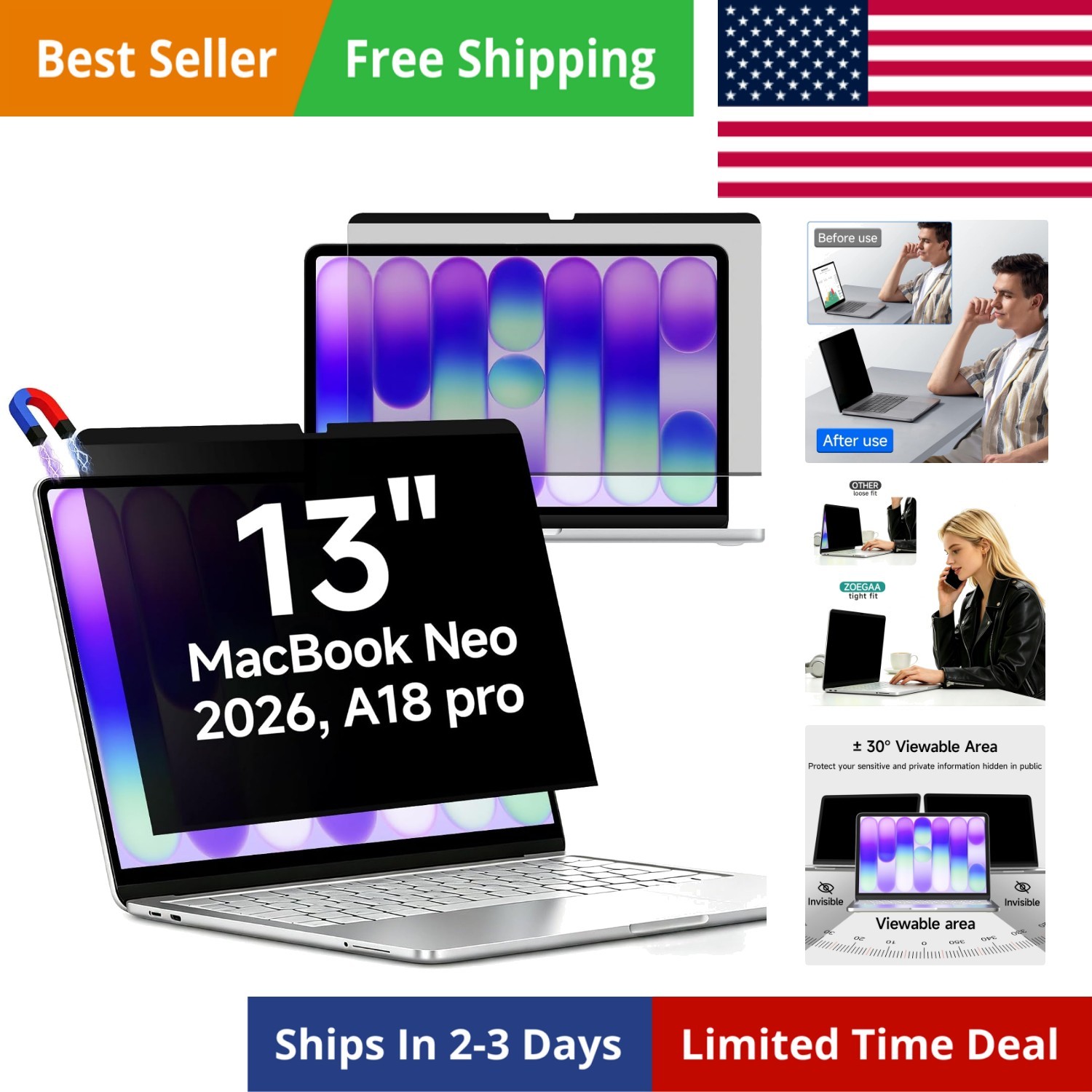 MacBook Neo Privacy Screen, Magnetic Privacy Screen Protector for 2026 A18 Pr...