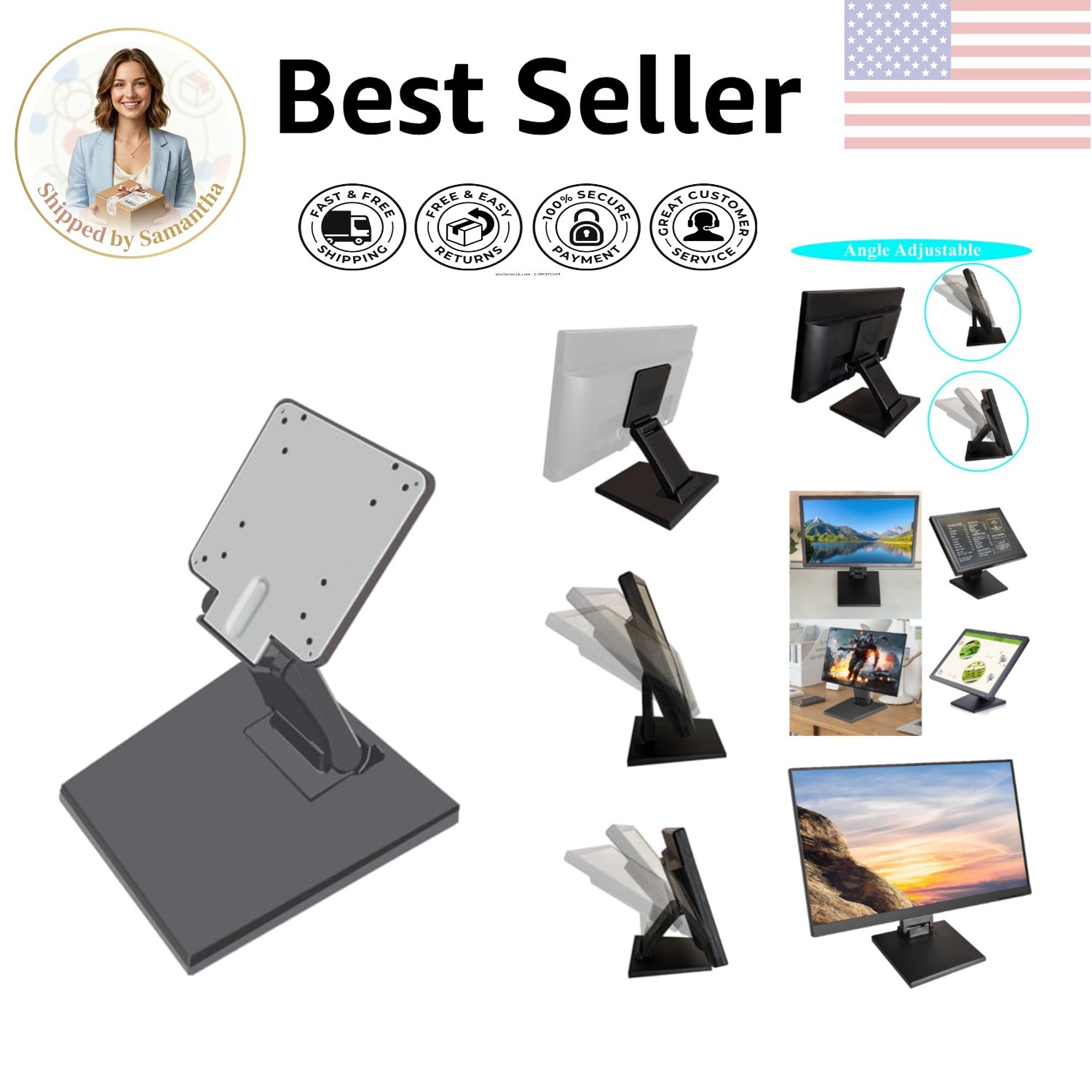 Anti-Slip Adjustable Monitor Stand for 10-27 Inch Screens - Durable ABS Build