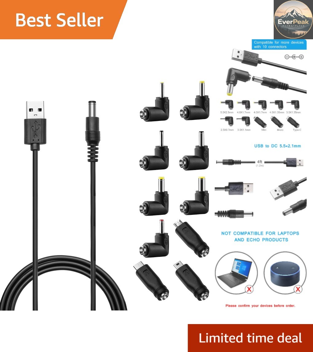 Universal USB to DC Power Cable with 10 Adaptors - 3.3FT Charging Solution