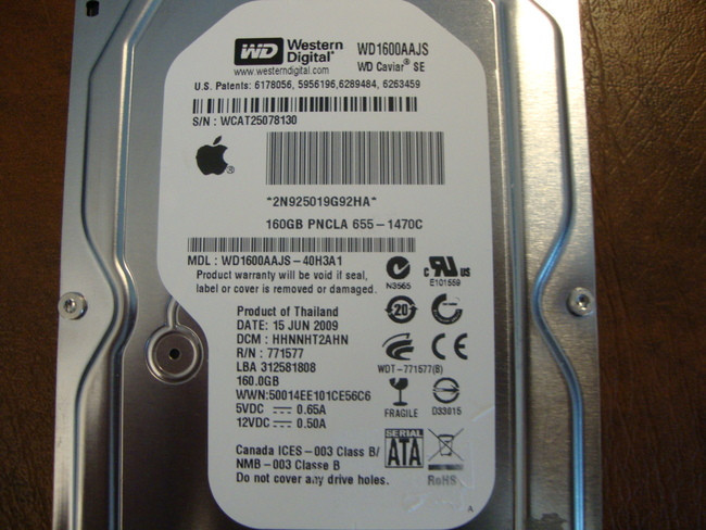 Western Digital WD1600AAJS-40H3A1 DCM:HHNNHT2AHN  Apple 655-1470C 160gb Sata HDD