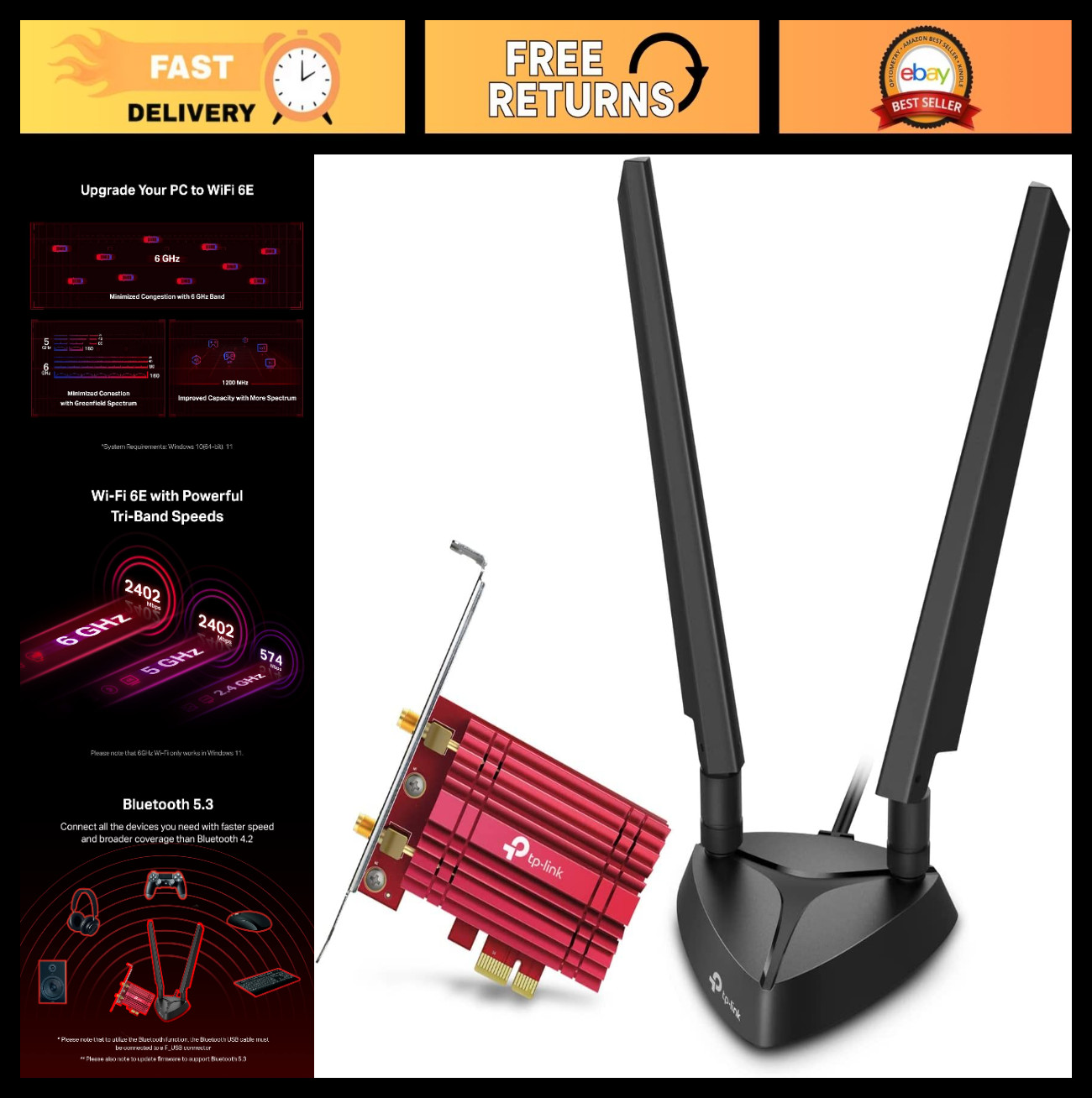 WiFi 6E Intel AX210 AXE5400 PCIe WiFi Card for PC - Magnetic Base