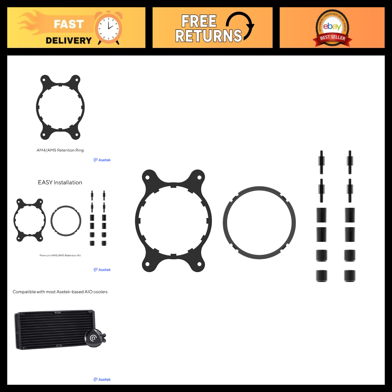 Premium AM4/AM5 Liquid Cooler Retention Kit - Easy Install, Sleek Finish, Asetek