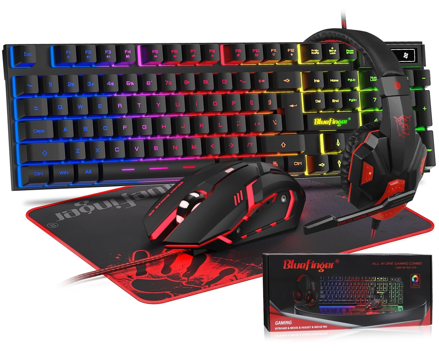 BlueFinger RGB Gaming Keyboard and Backlit Mouse Headset Combo, USB Black