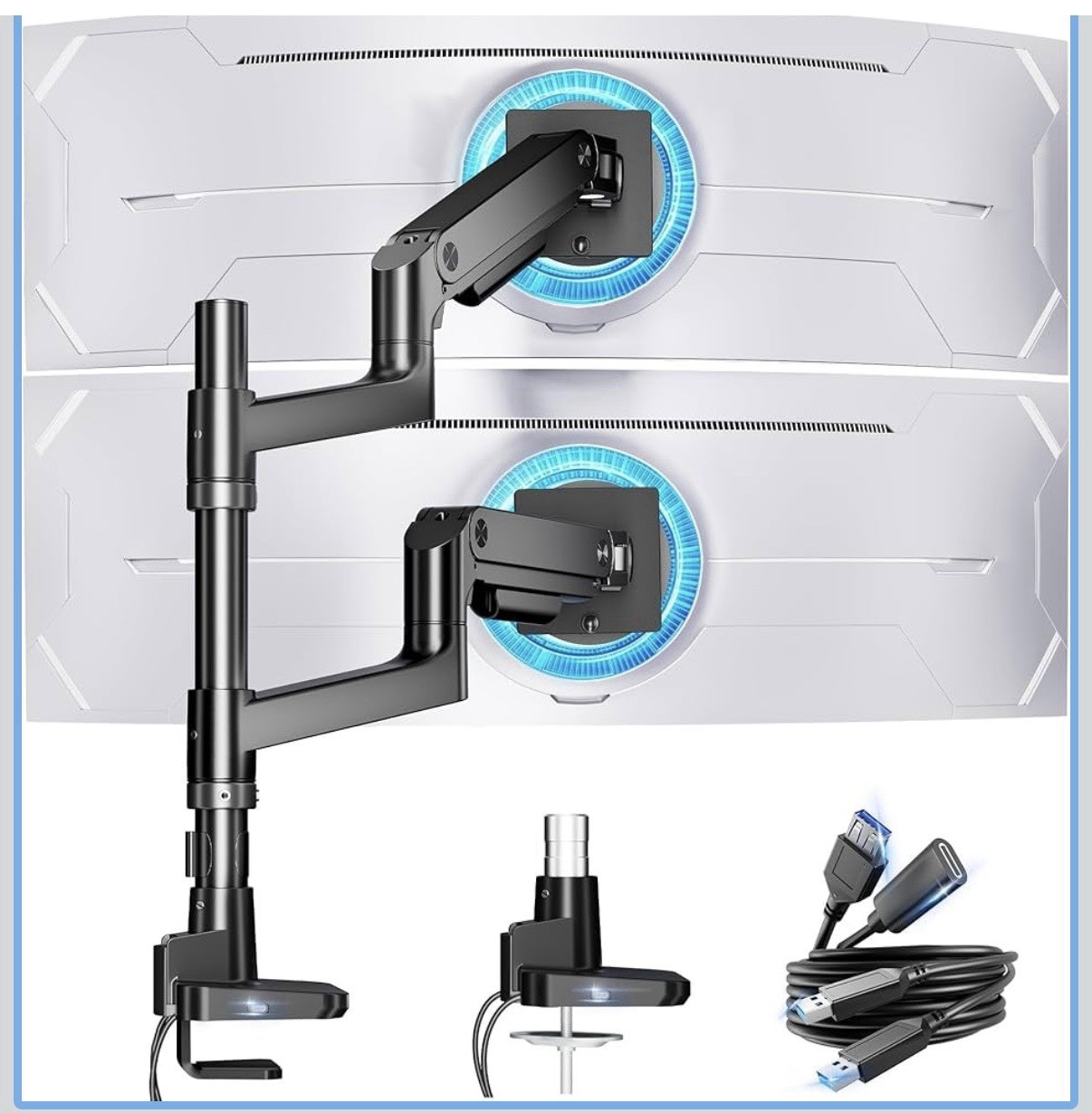 Dual Monitor Desk Mount, USB Ports, Tilt & Rotate, Cable Management, Black