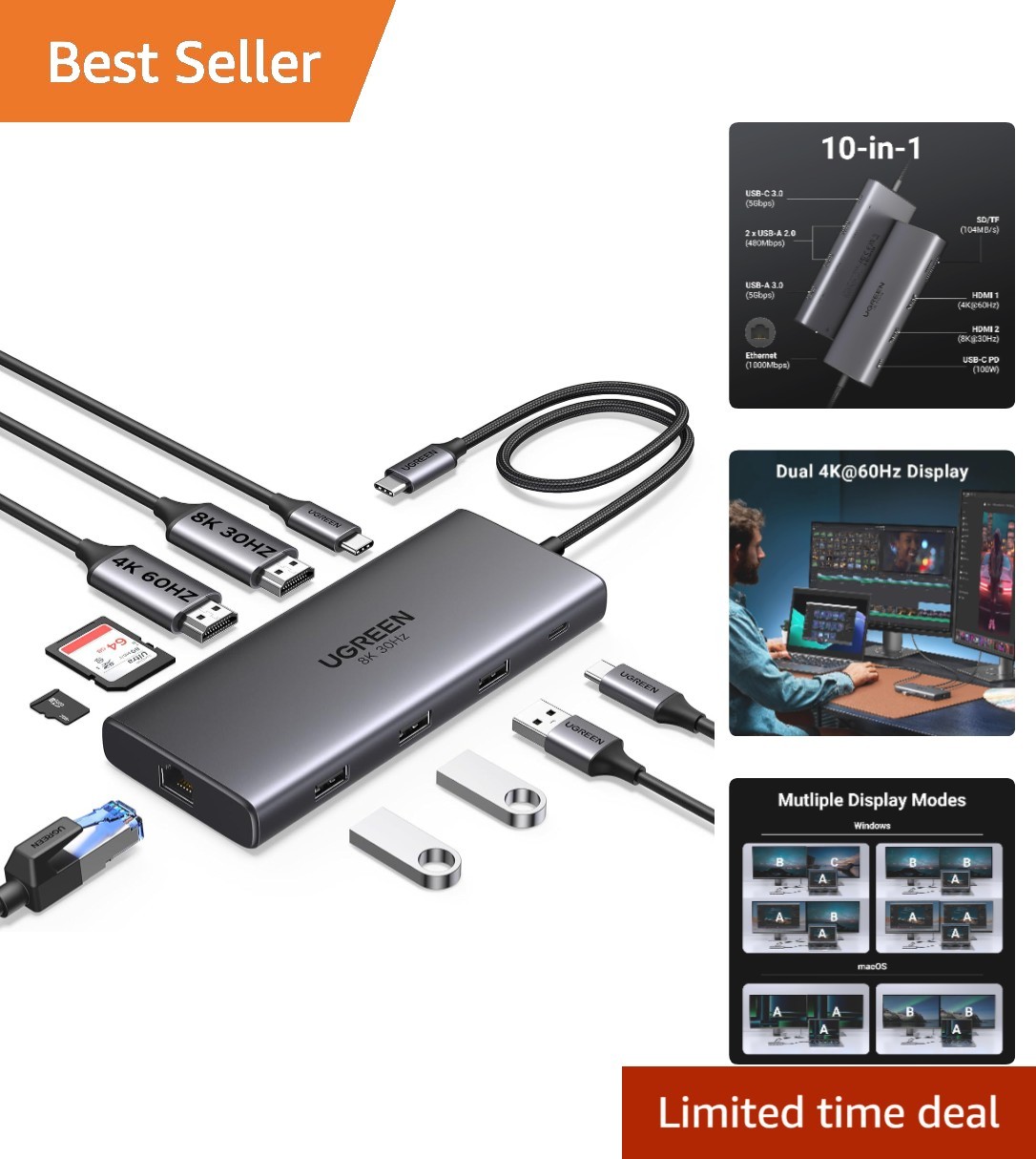 Compact 10-in-1 USB C Docking Station: 8K HDMI, Fast Data Transfer & Charging