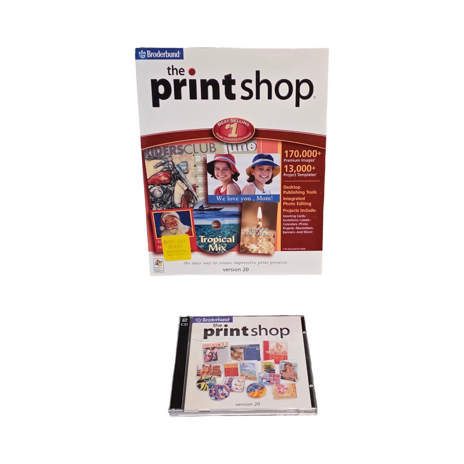 VINTAGE THE PRINT SHOP 20 SOFTWARE BY BRODERBUND ~ 2 CD-ROM SET W/ ORIGINAL BOX