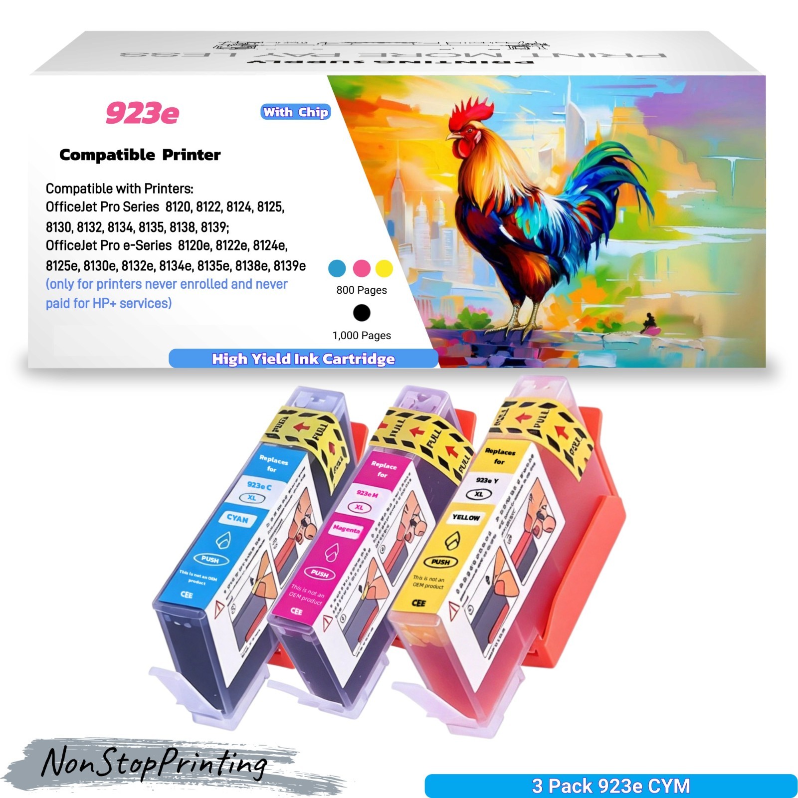 Compatible with HP 923e 3PK CYM Ink 800 Pages 8120 8130 8122e 8135e 8139e 8132e