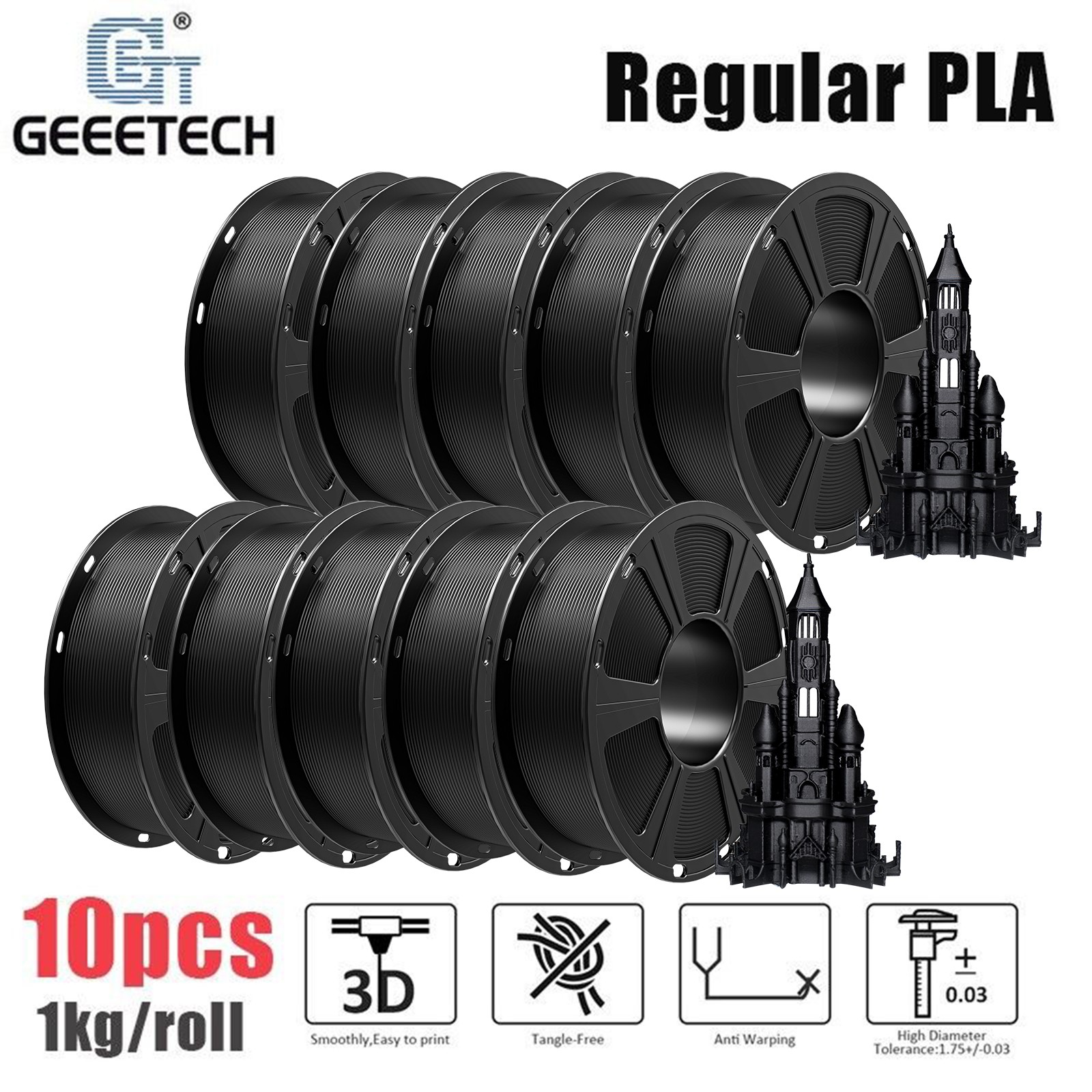 10KG GEEETECH 3D Printer Filament Regualr PLA Black 1.75mm PLA Consumables US